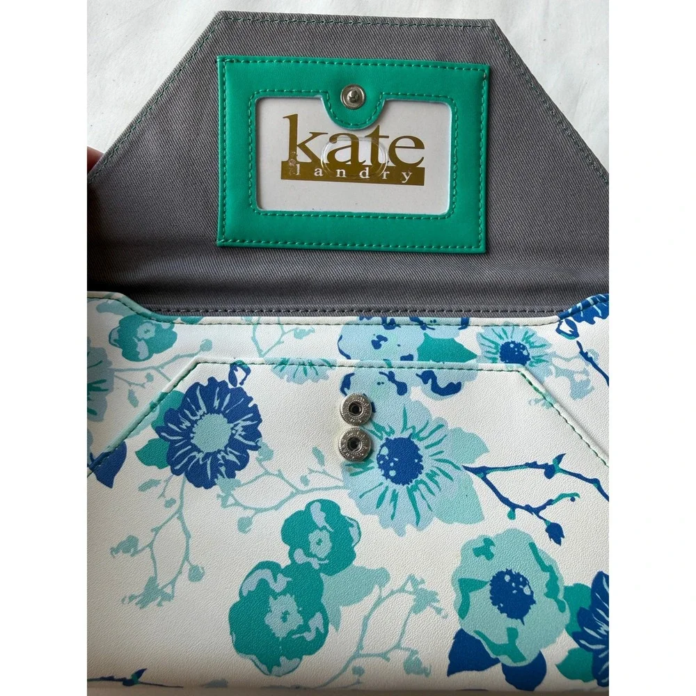 Kate‎ Landry Blue Teal Floral Envelope Clutch Wallet Snap Closure ID Window